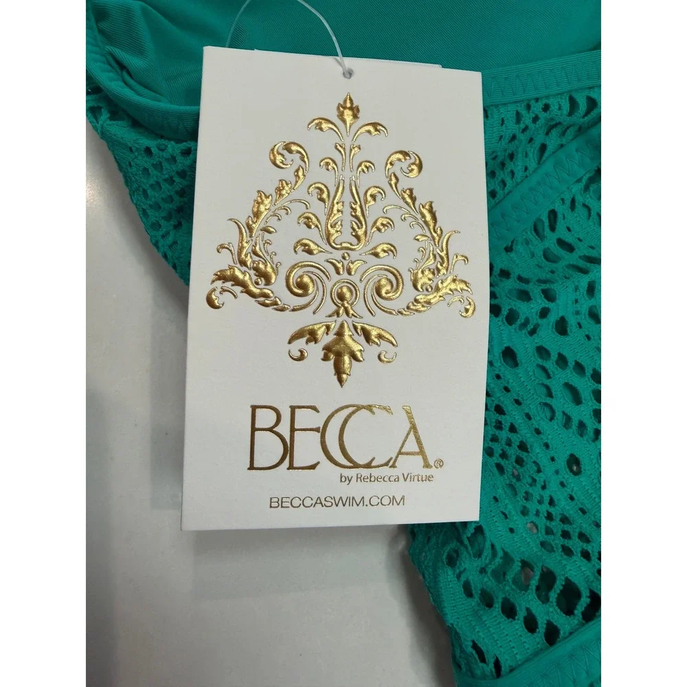 Becca Colorplay Lace Overlay One-Piece Swimsuit Teal Green High Neck‎ New